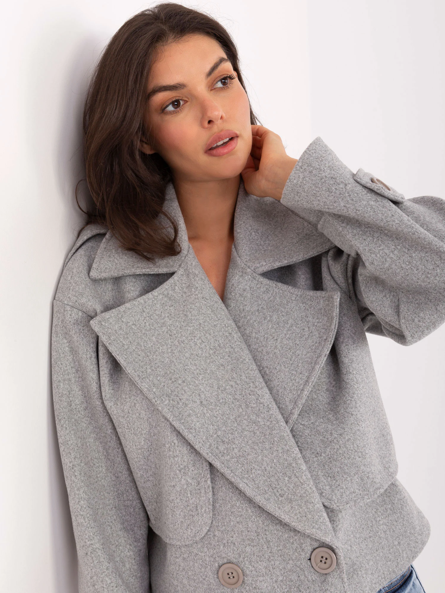 Jacheta Dama Mini, Guler inalt, RUE PARIS, Gri Eleganta Office - imagine 3