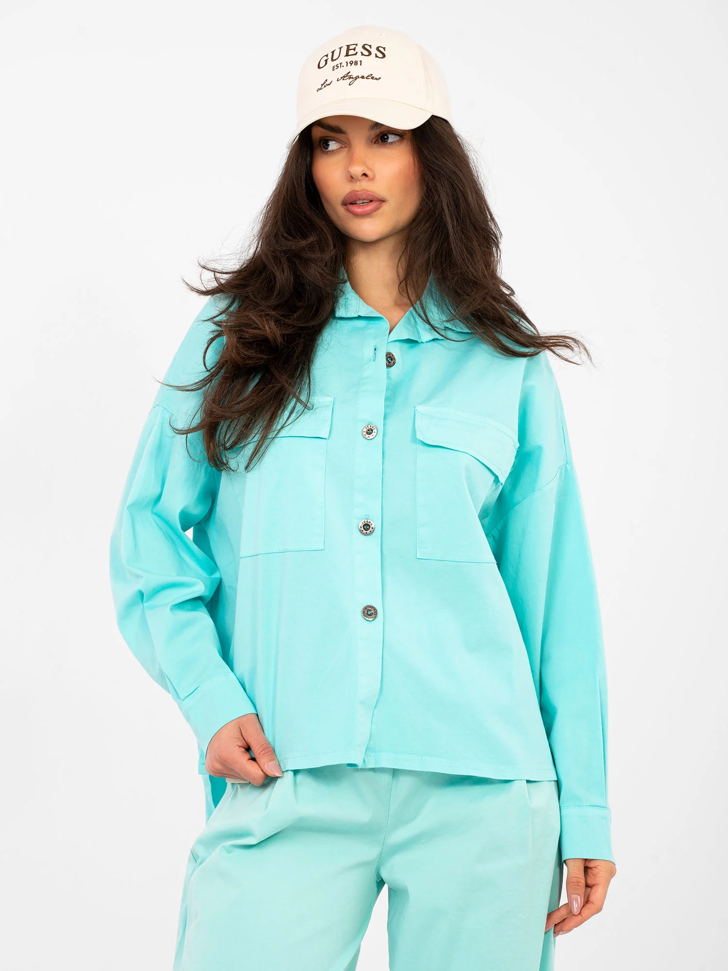 Camasa Dama Maneca lunga, Guler inalt, ITALY MODA, Turcoaz Casual - imagine 6
