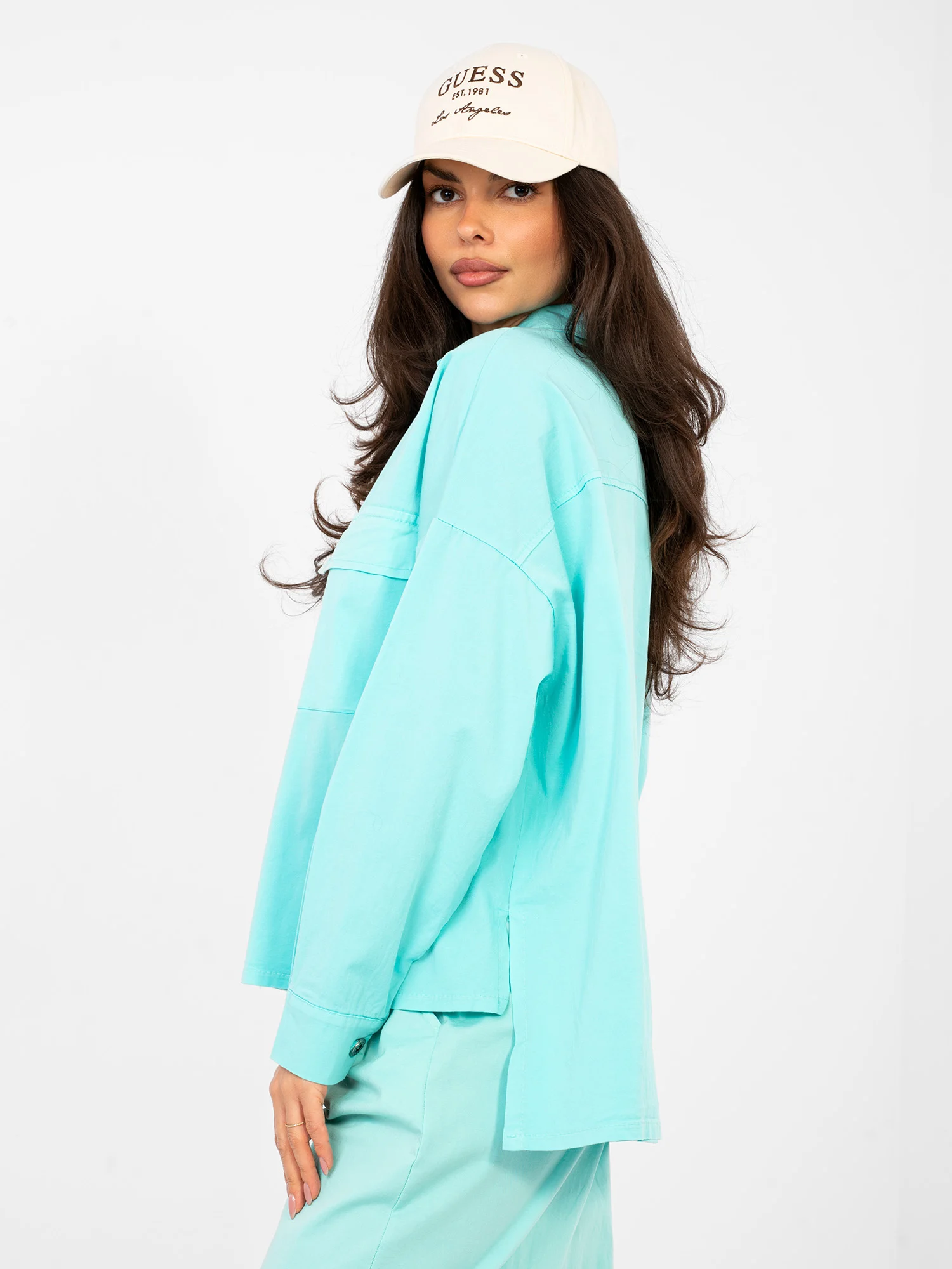 Camasa Dama Maneca lunga, Guler inalt, ITALY MODA, Turcoaz Casual - imagine 5