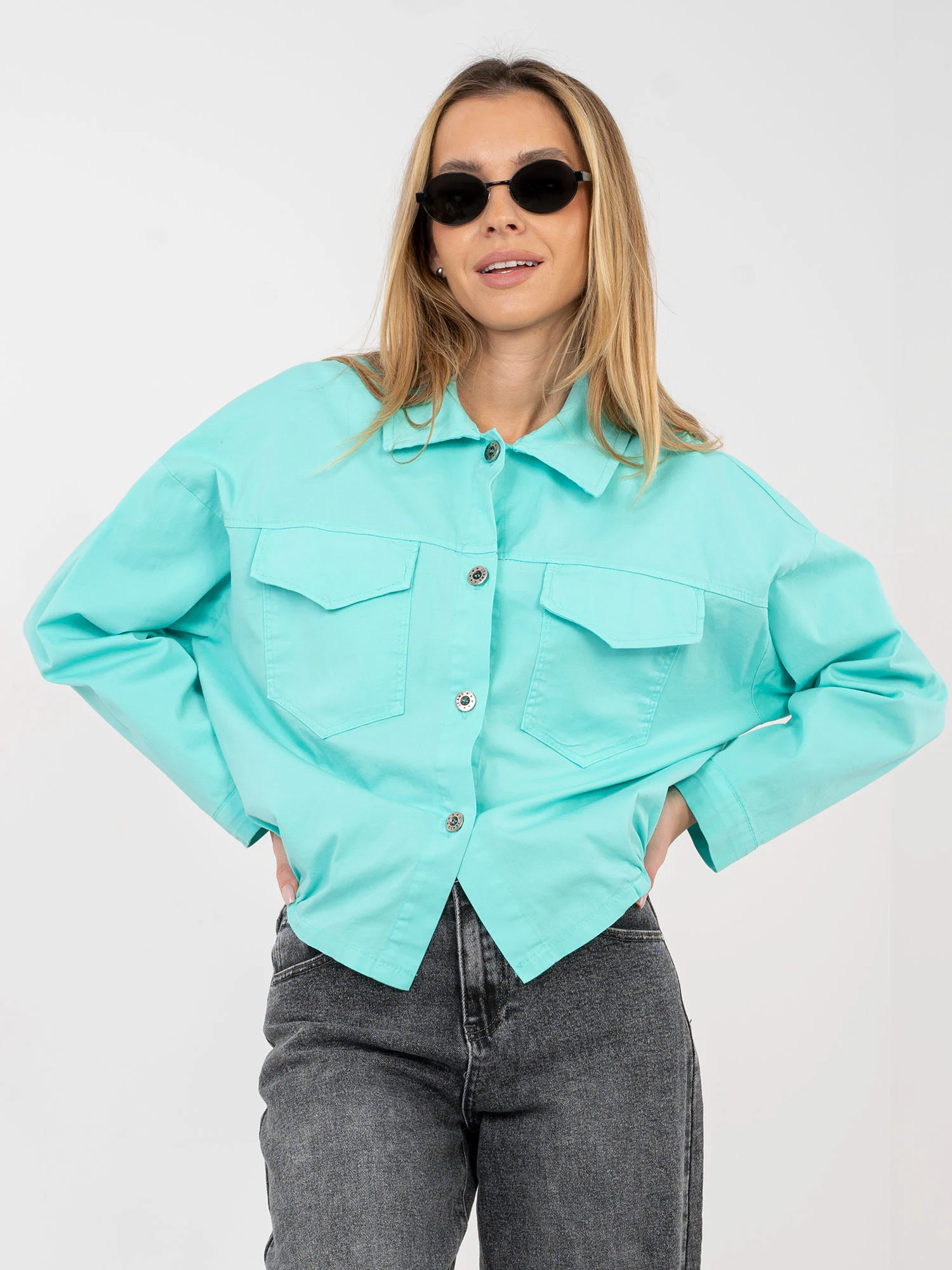 Camasa Dama Mini, Guler inalt, RUE PARIS, Turcoaz Casual - imagine 6
