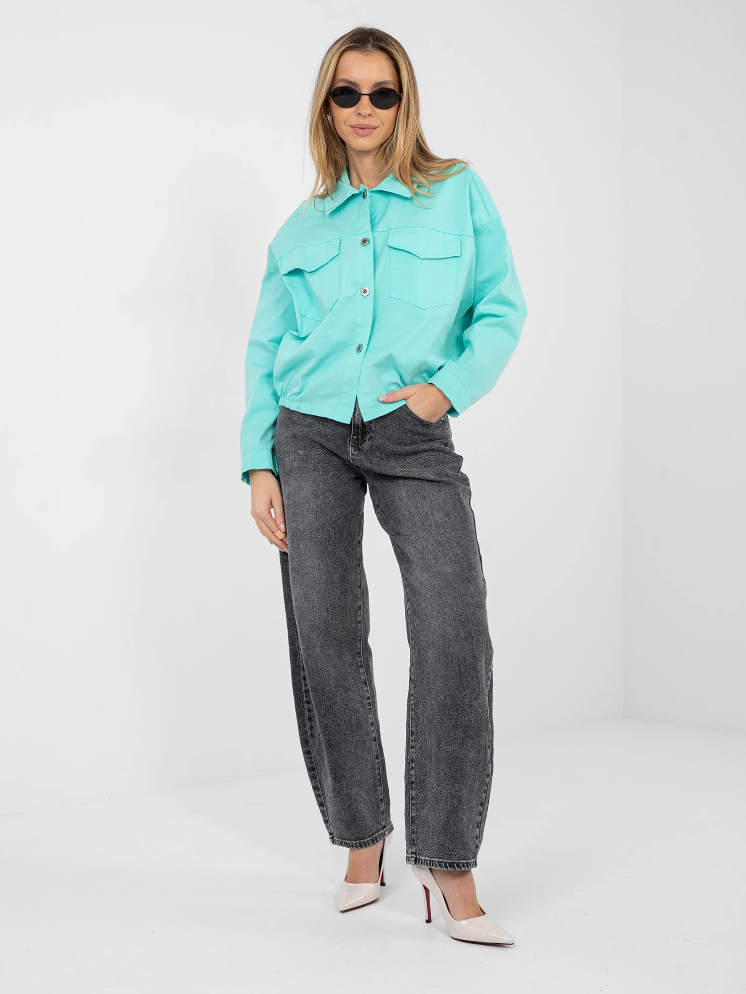 Camasa Dama Mini, Guler inalt, RUE PARIS, Turcoaz Casual - imagine 5
