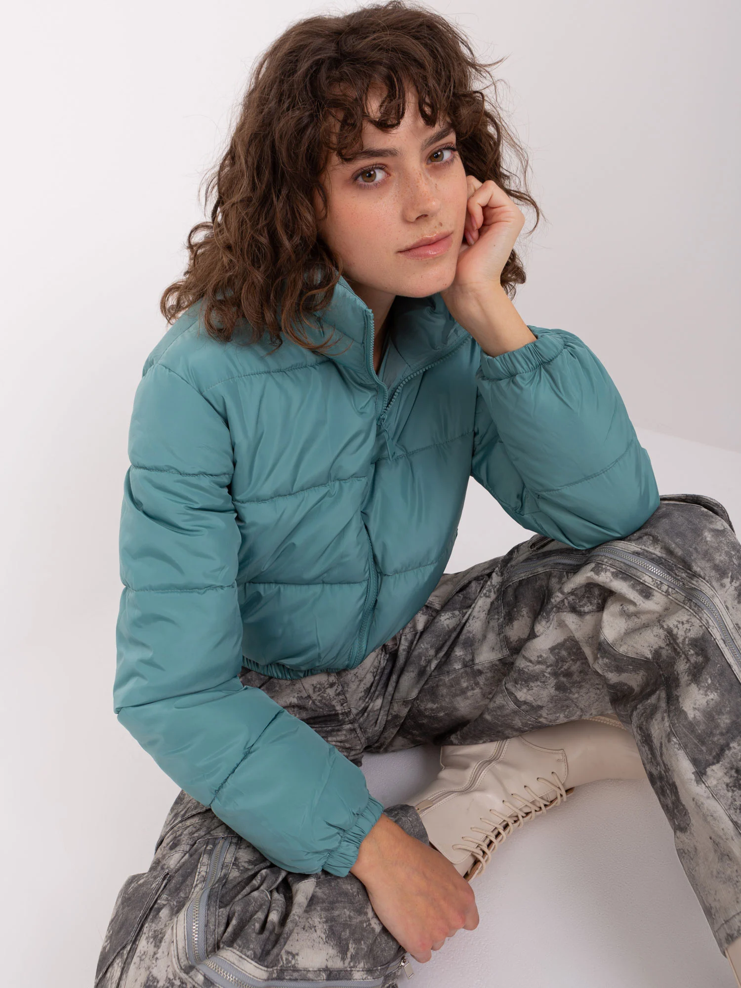 Jacheta Dama Mini, Guler inalt, MINORITY, Turcoaz Casual - imagine 3