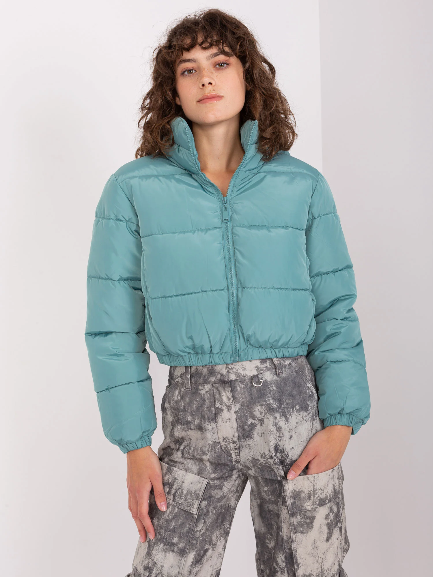 Jacheta Dama Mini, Guler inalt, MINORITY, Turcoaz Casual - imagine 2