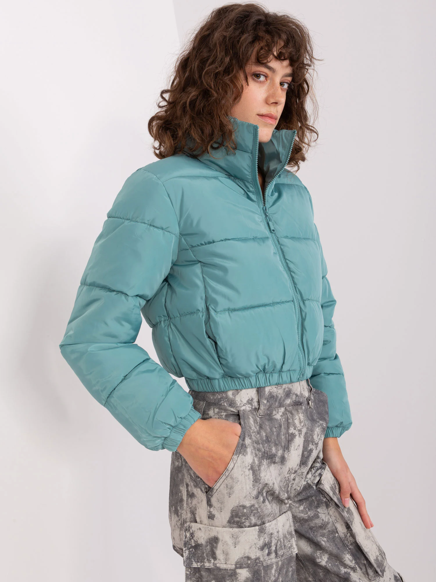 Jacheta Dama Mini, Guler inalt, MINORITY, Turcoaz Casual - imagine 5