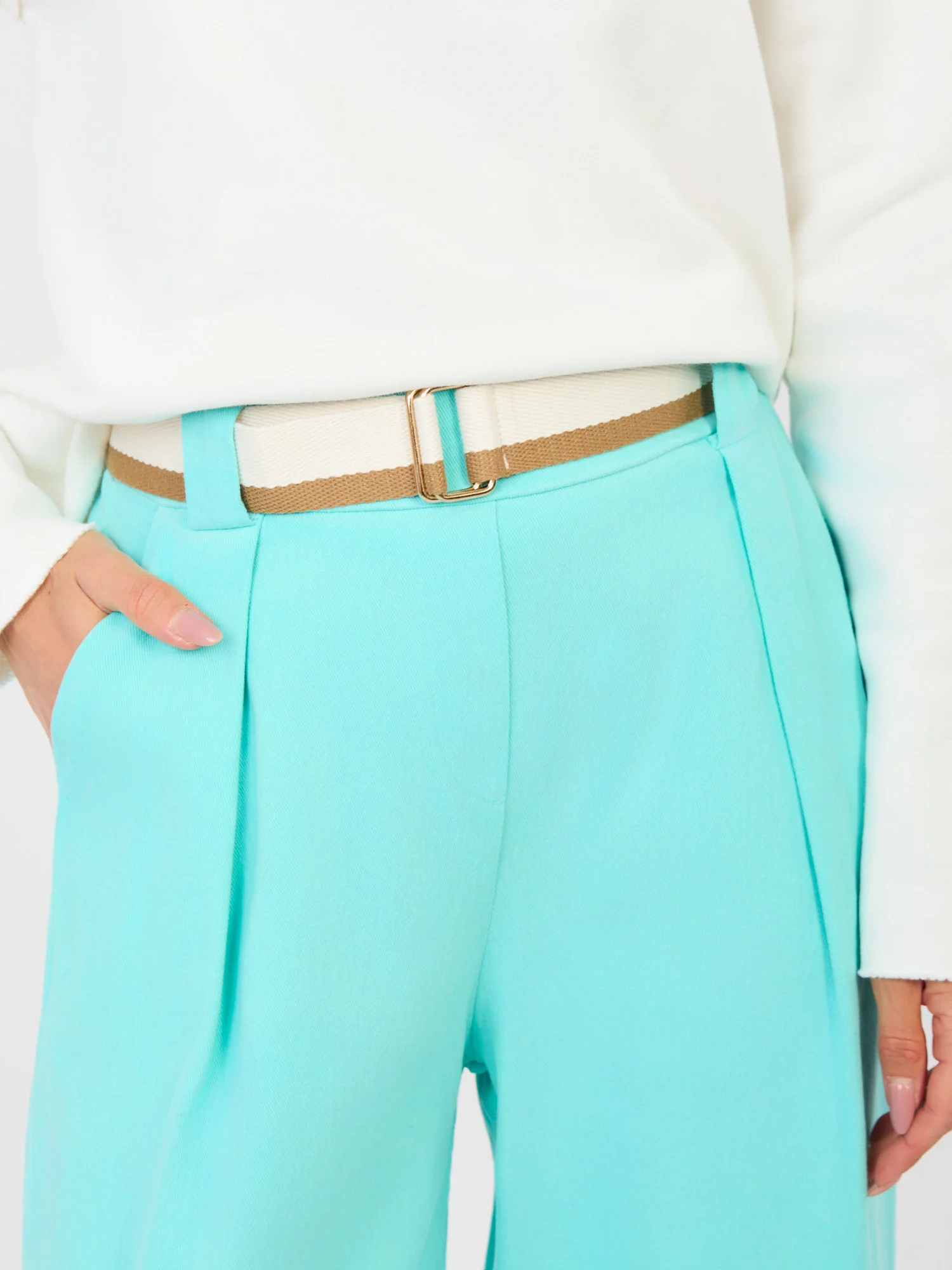 Pantaloni Dama Larga, Guler inalt, RUE PARIS, Turcoaz Eleganta Office - imagine 2