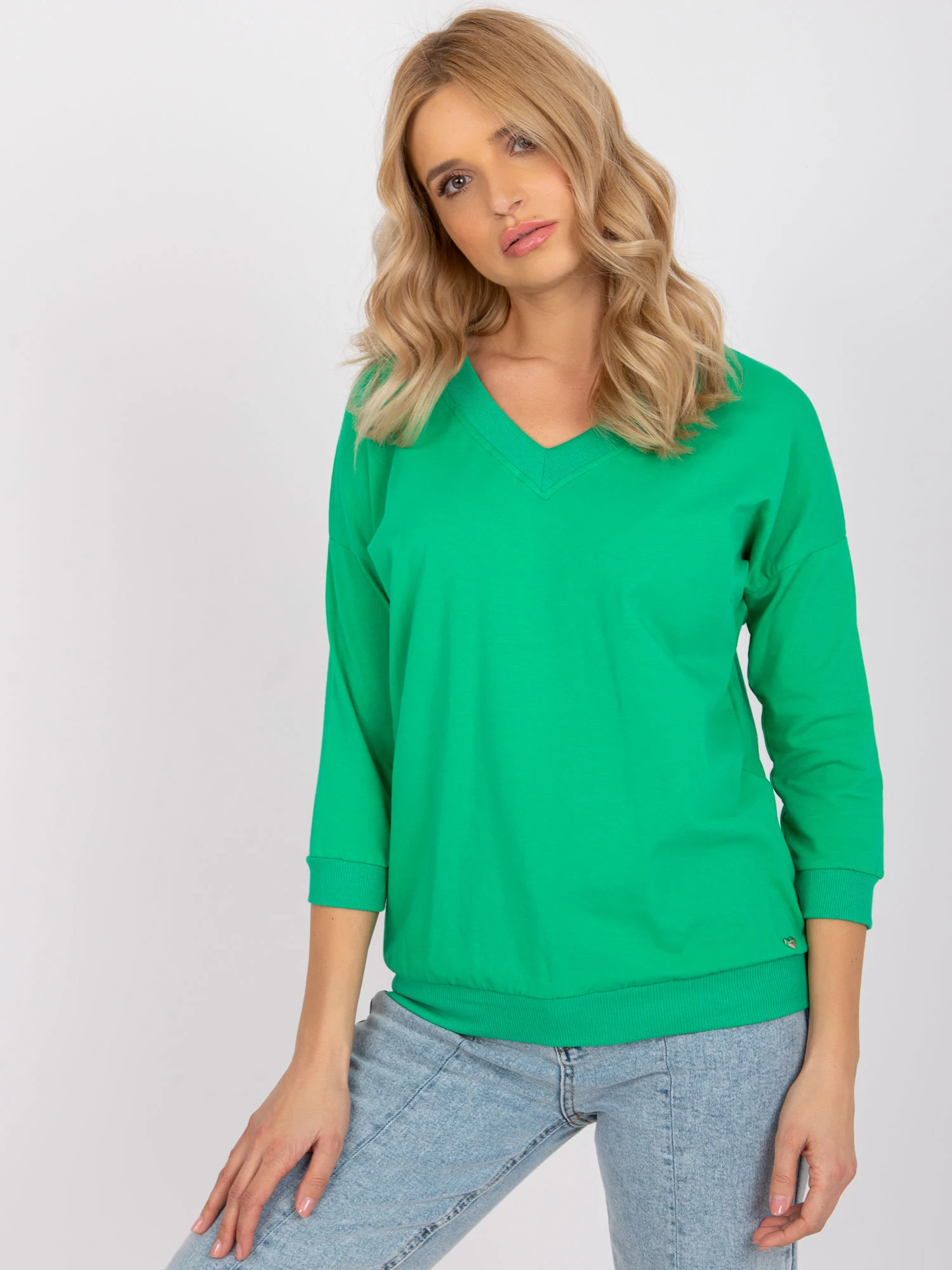 Bluza Dama Maneca 3/4, Decolteu in V, BASIC FEEL GOOD, Verde Eleganta Office - imagine 2