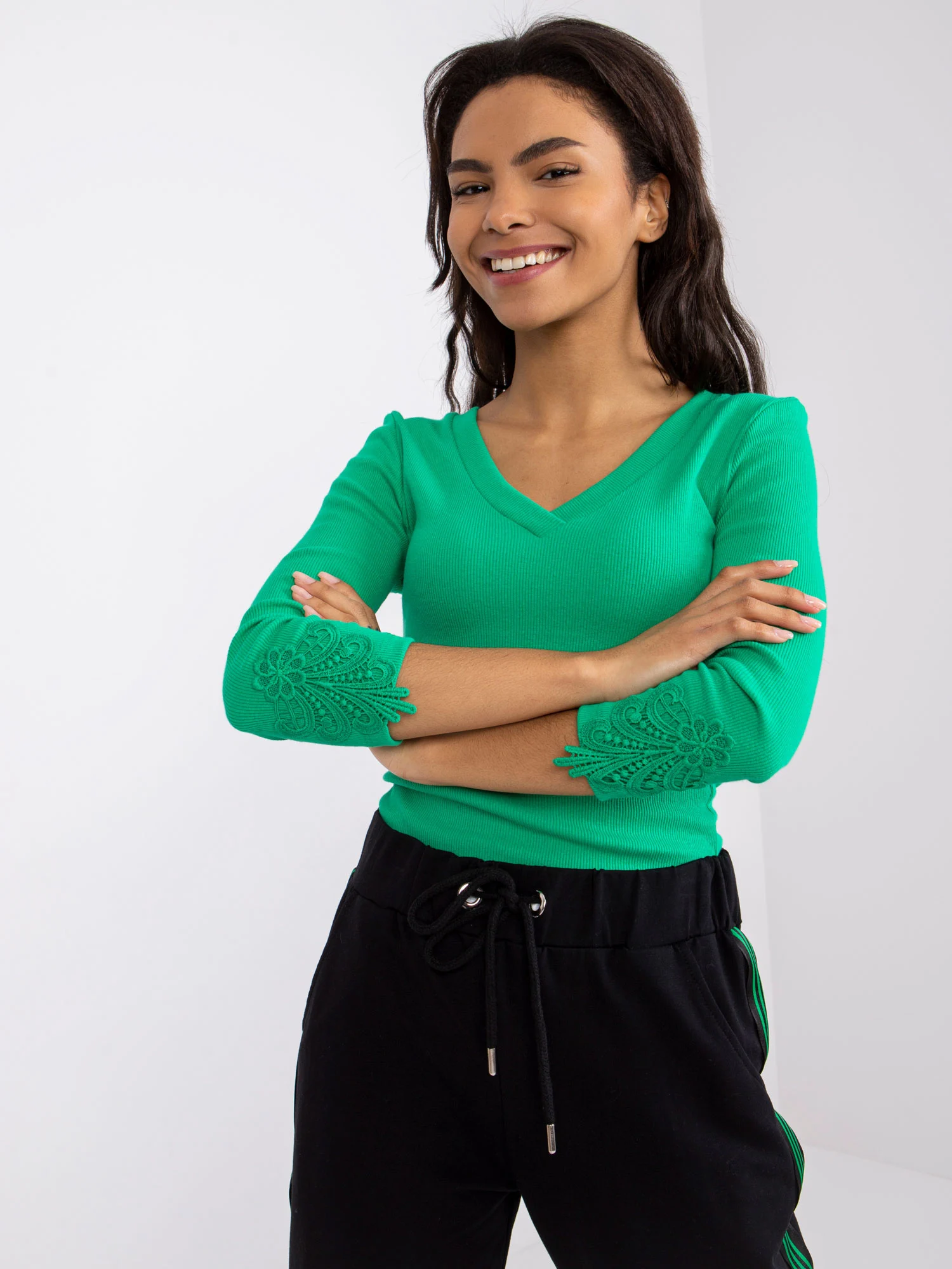Bluza Dama Maneca 3/4, Dantela, RUE PARIS, Verde Eleganta Office - imagine 6