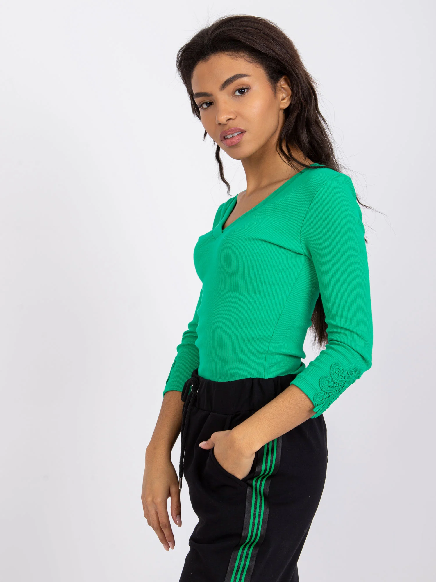 Bluza Dama Maneca 3/4, Dantela, RUE PARIS, Verde Eleganta Office - imagine 3