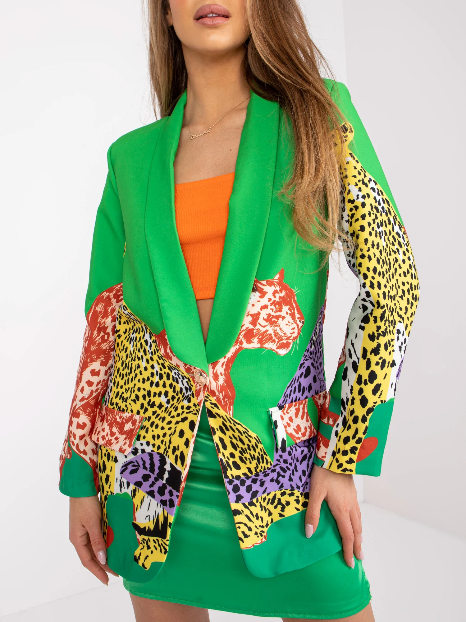 Sacou Dama Maneca lunga, Animal print, ITALY MODA, Verde de Petrecere Marimi Mari - imagine 4