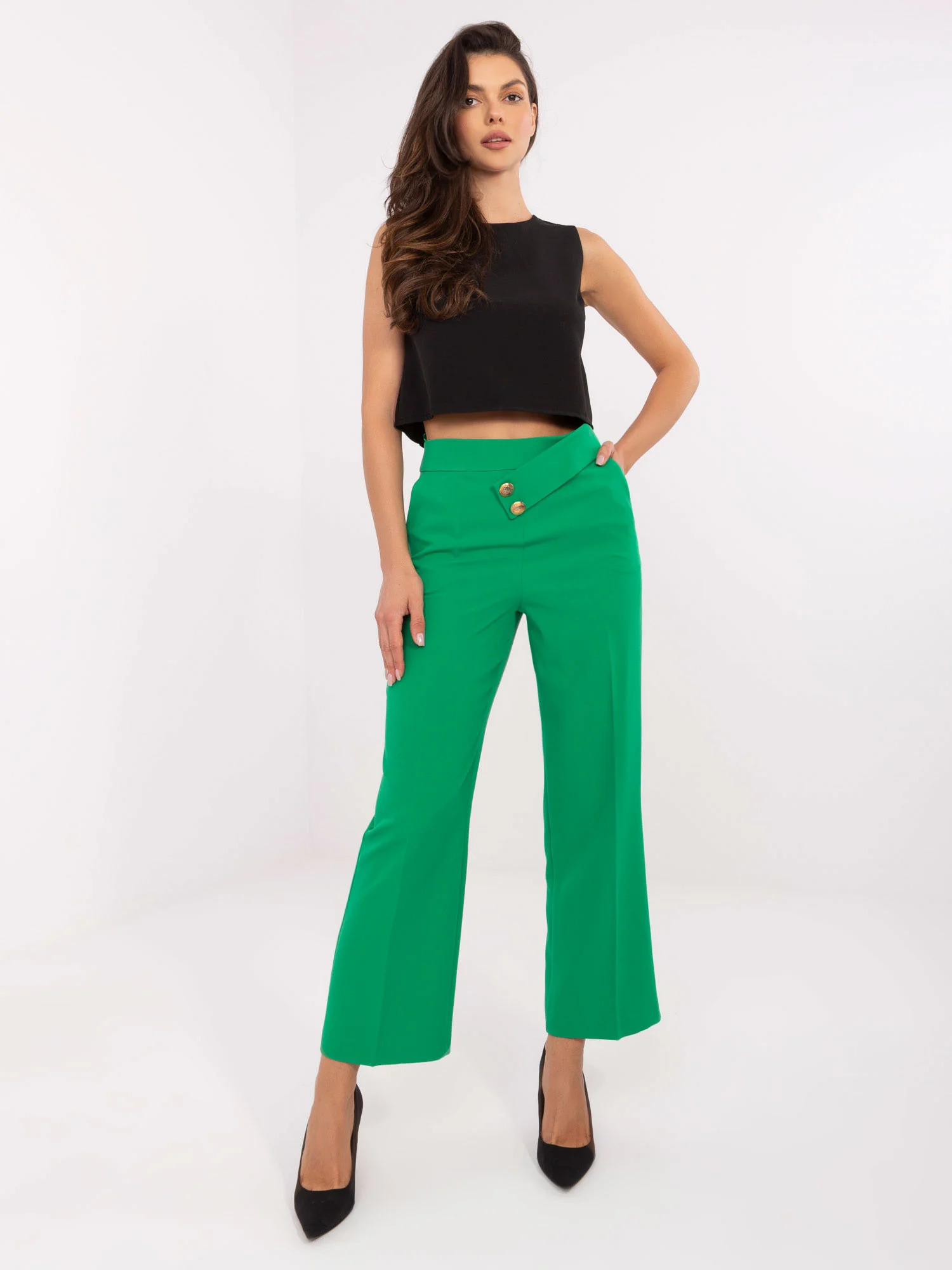 Pantaloni Dama Elegant, Guler inalt, RUE PARIS, Verde de Petrecere - imagine 2