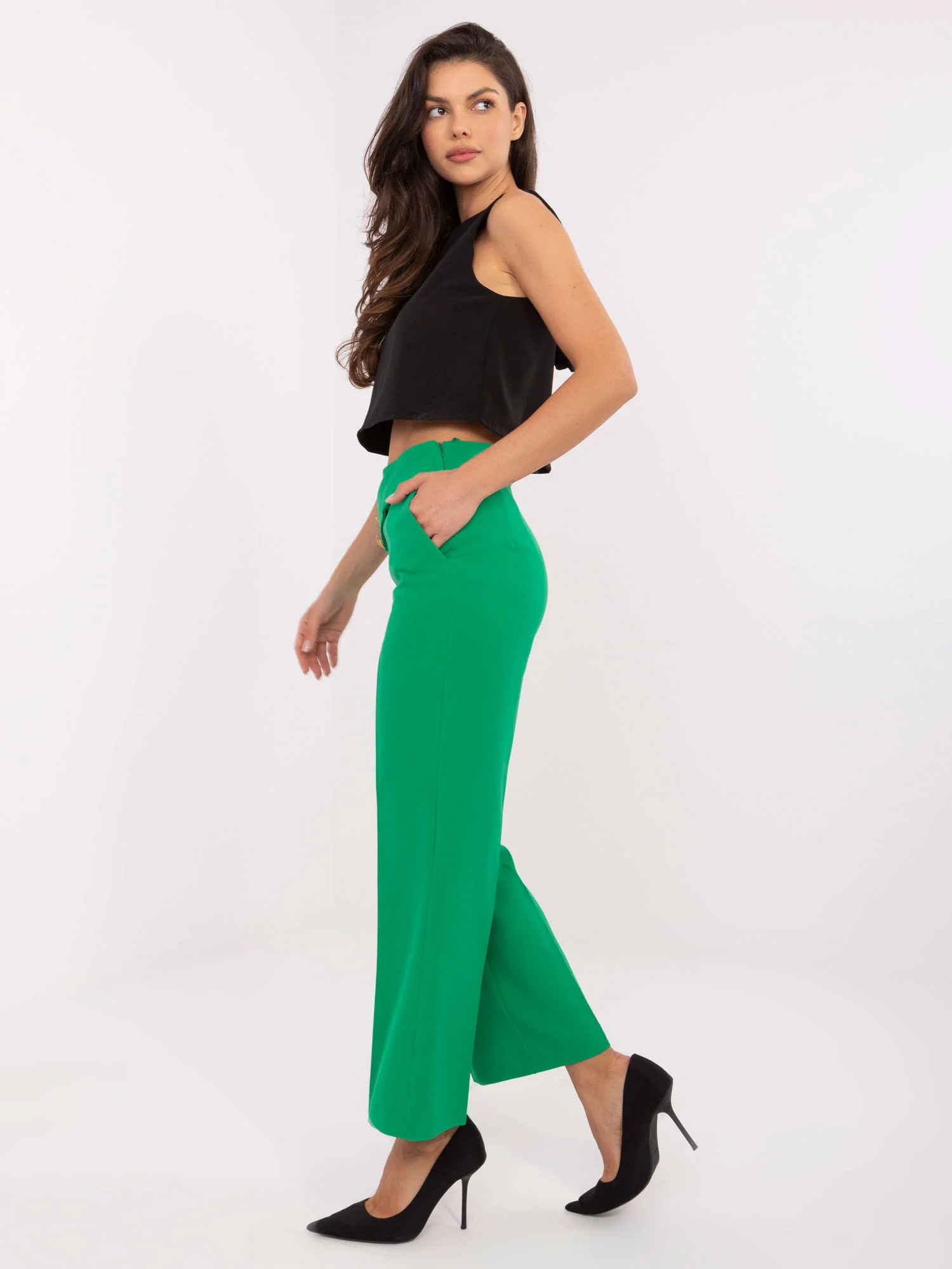 Pantaloni Dama Elegant, Guler inalt, RUE PARIS, Verde de Petrecere - imagine 5
