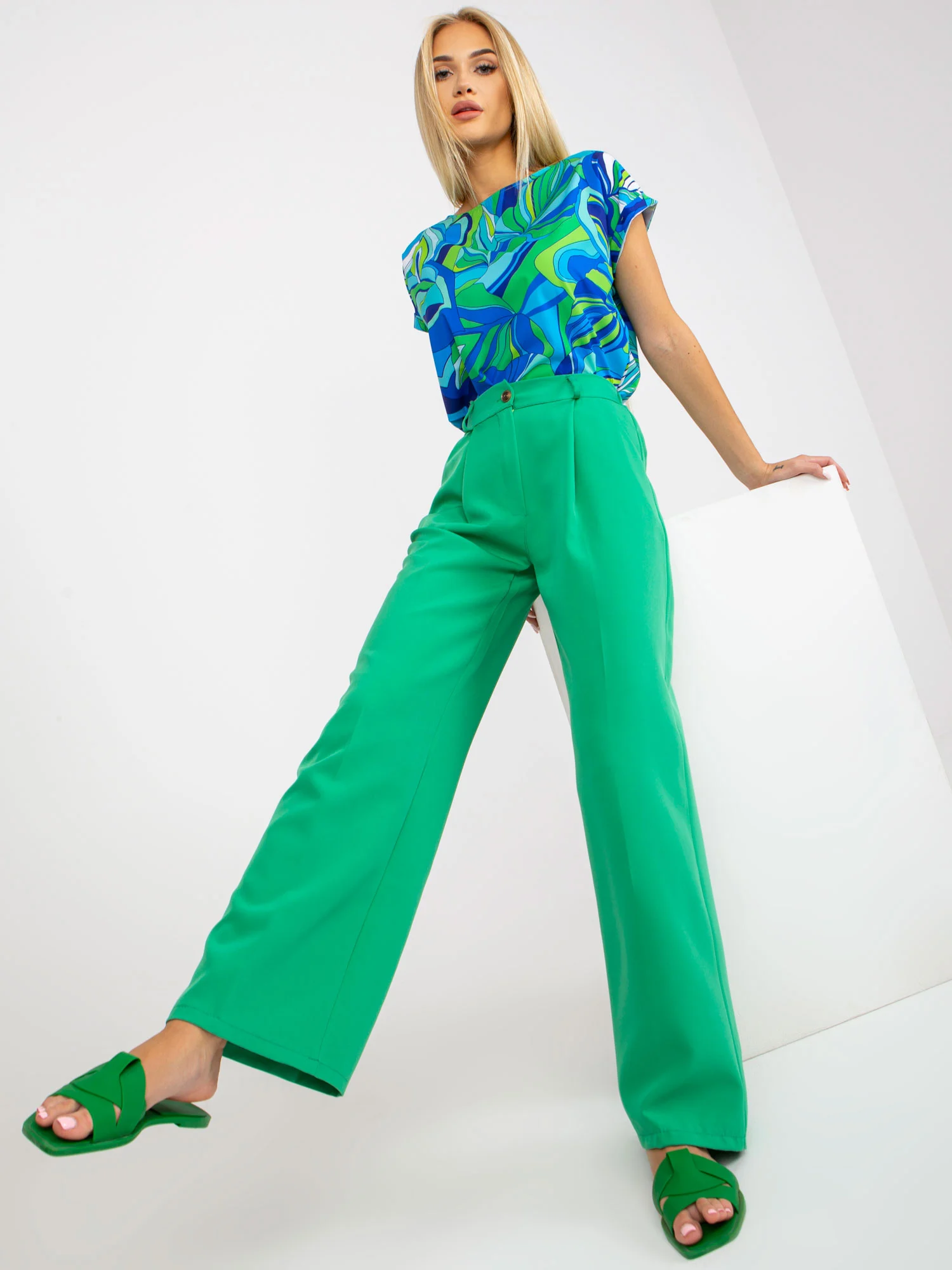 Pantaloni Dama Lejera, Guler inalt, ITALY MODA, Verde de Petrecere Marimi Mari - imagine 3
