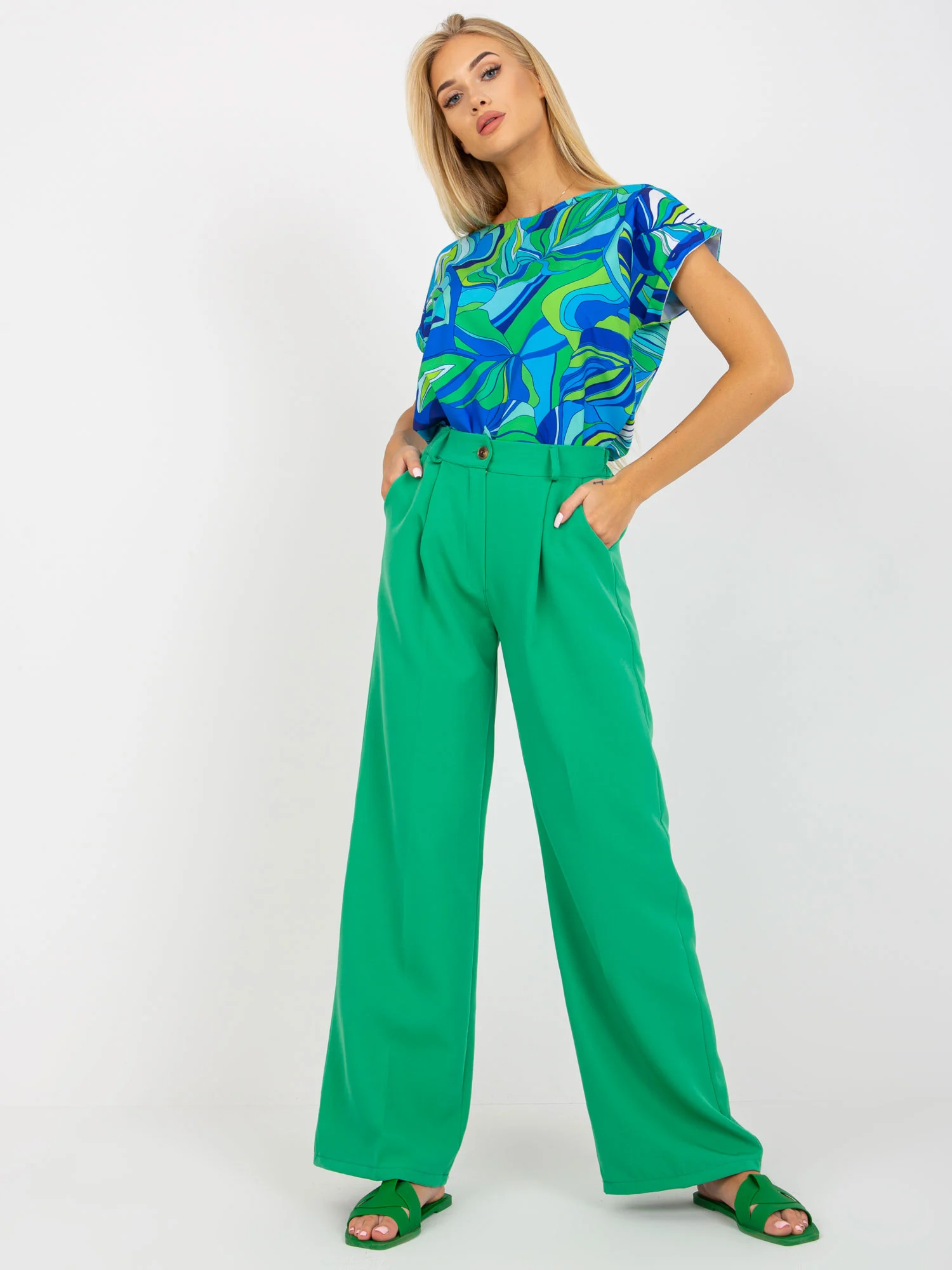 Pantaloni Dama Lejera, Guler inalt, ITALY MODA, Verde de Petrecere Marimi Mari - imagine 5