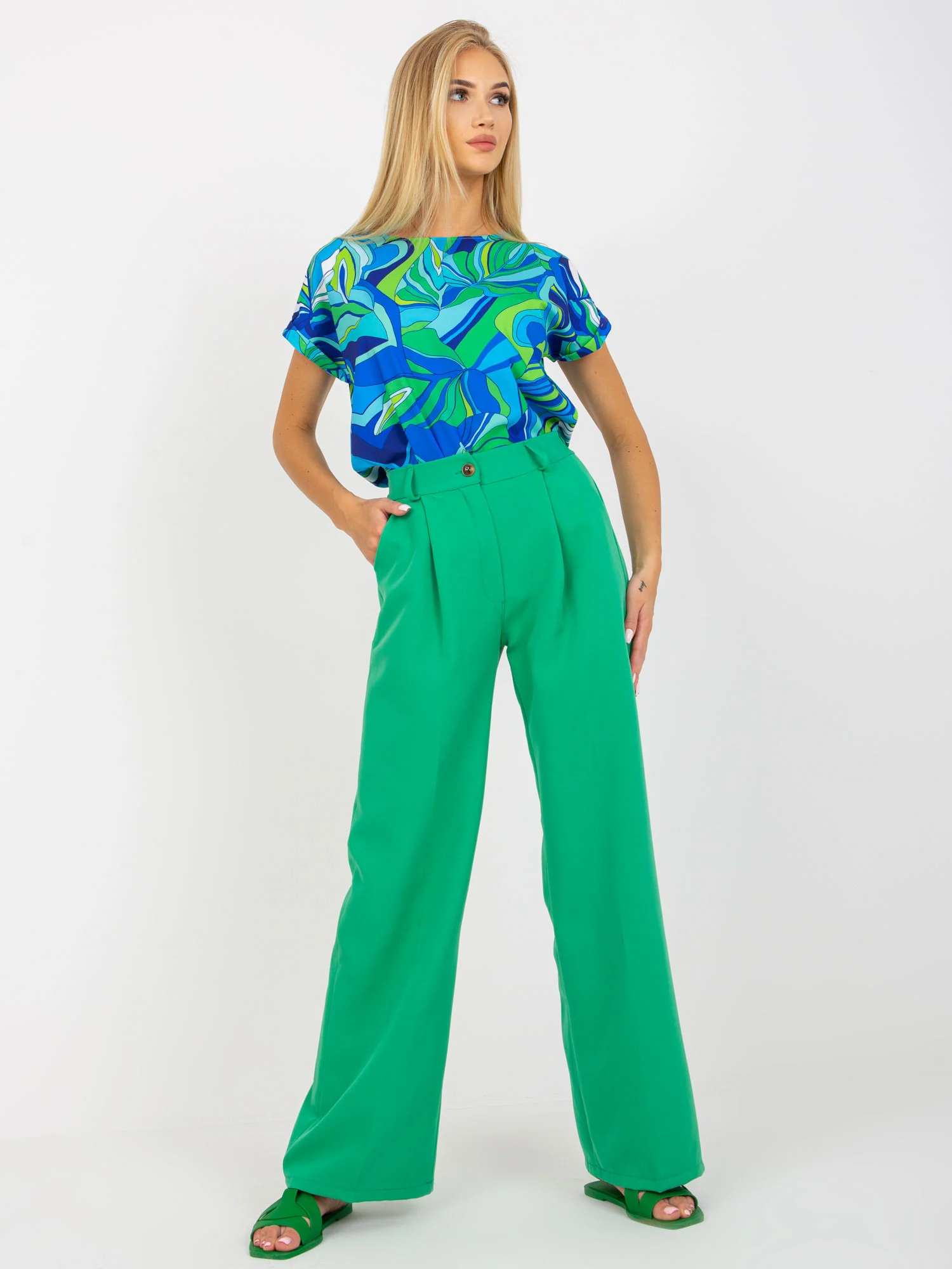 Pantaloni Dama Lejera, Guler inalt, ITALY MODA, Verde de Petrecere Marimi Mari - imagine 6