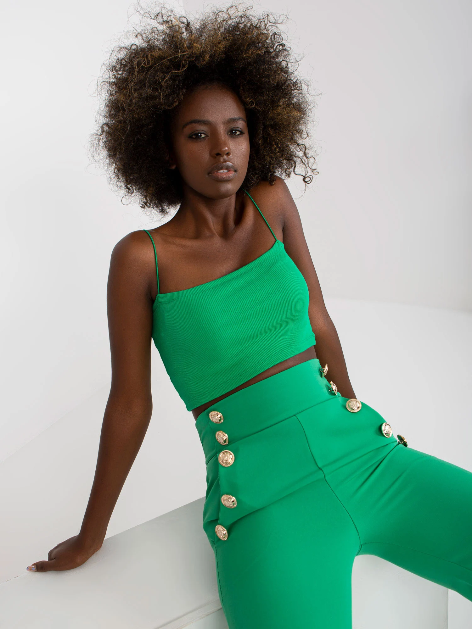 Pantaloni Dama Elegant, Guler inalt, ITALY MODA, Verde de Petrecere Marimi Mari - imagine 5