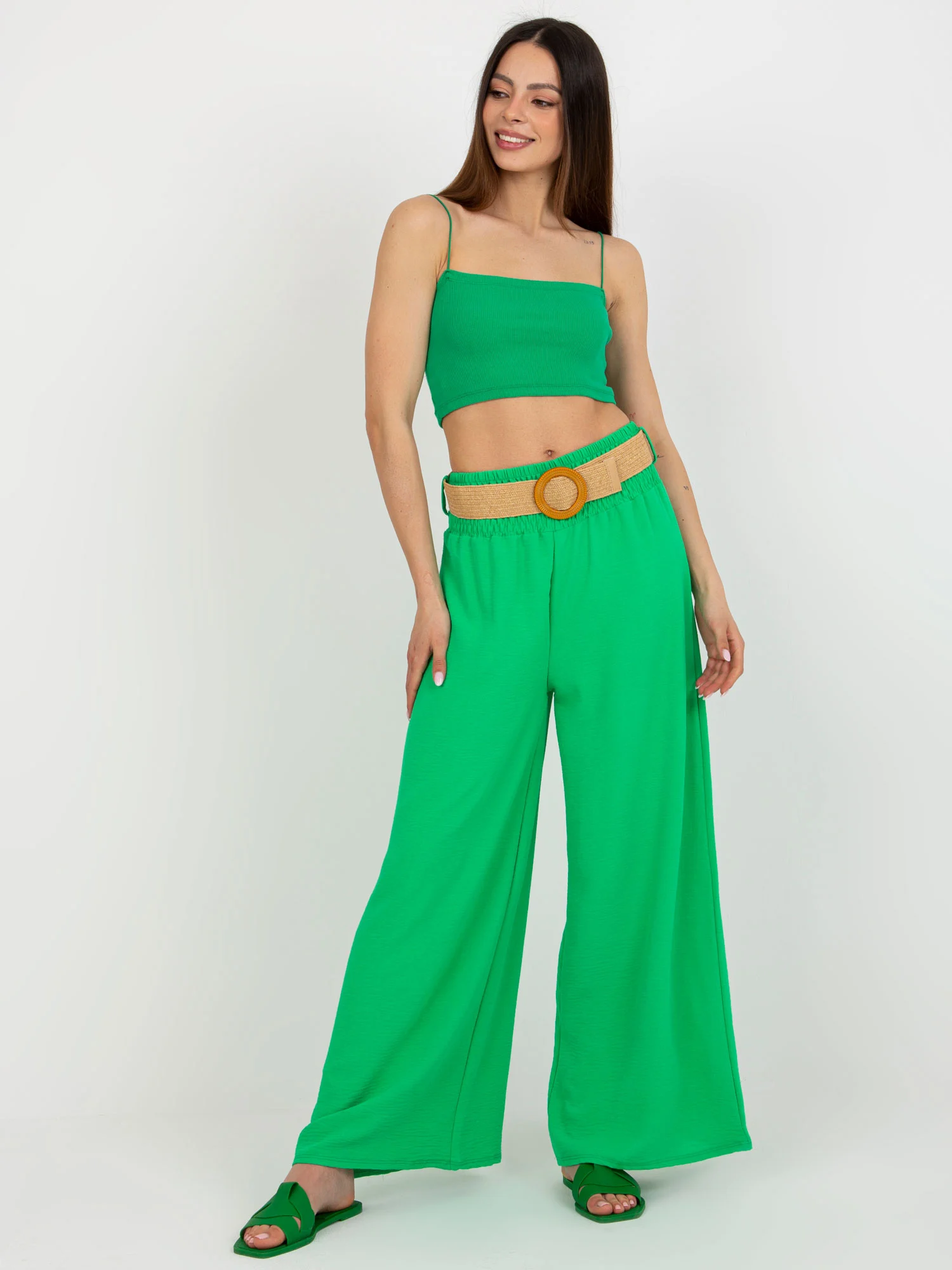 Pantaloni Dama Larga, Guler inalt, ITALY MODA, Verde Casual - imagine 3