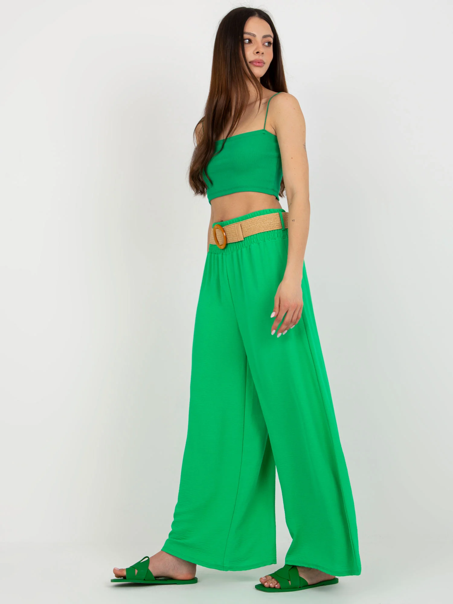 Pantaloni Dama Larga, Guler inalt, ITALY MODA, Verde Casual - imagine 2