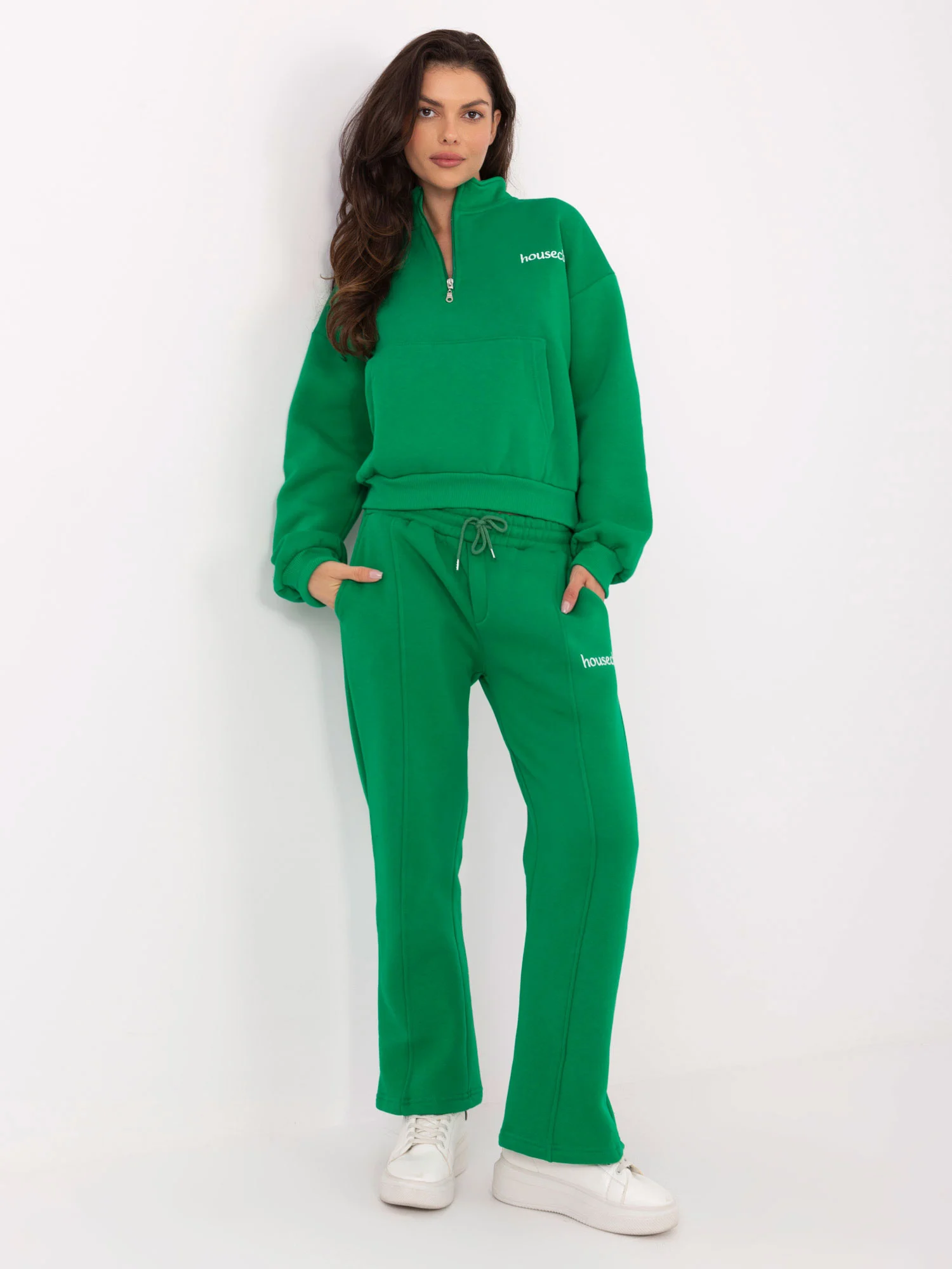 Compleu Dama Maneca lunga, Decolteu guler tunica, ex moda, Verde - imagine 2