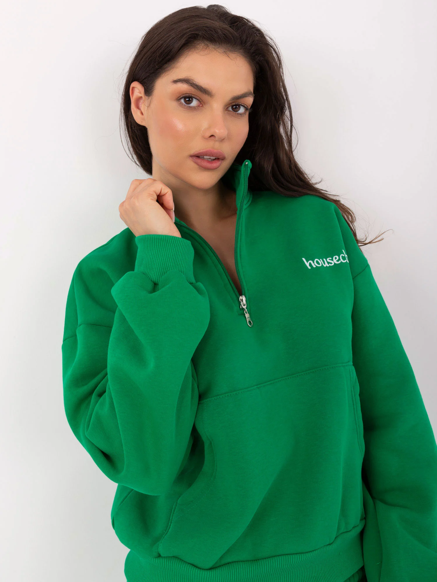 Compleu Dama Maneca lunga, Decolteu guler tunica, ex moda, Verde - imagine 5