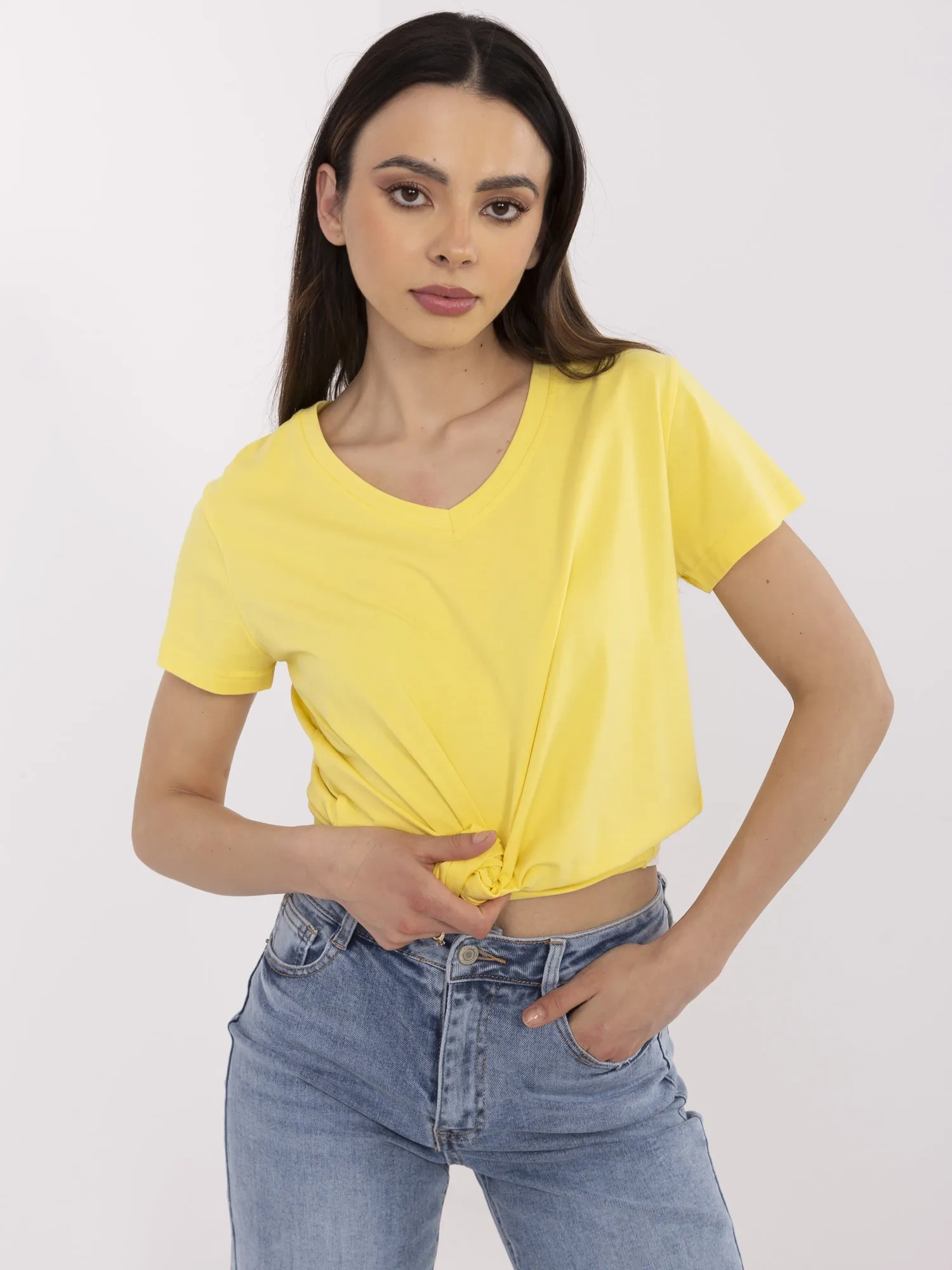 Tricou Dama Mini, Decolteu in V, BASIC FEEL GOOD, Galben Casual - imagine 2
