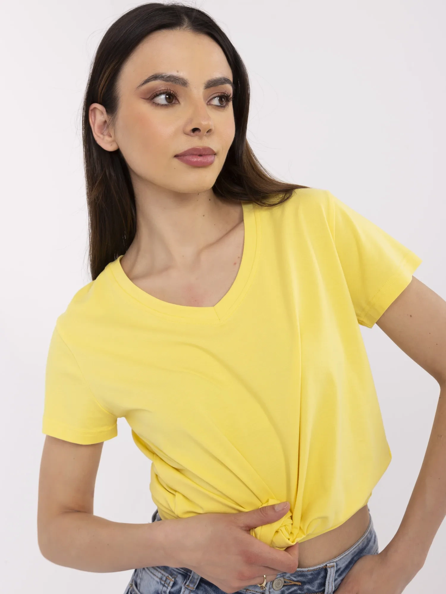 Tricou Dama Mini, Decolteu in V, BASIC FEEL GOOD, Galben Casual - imagine 3