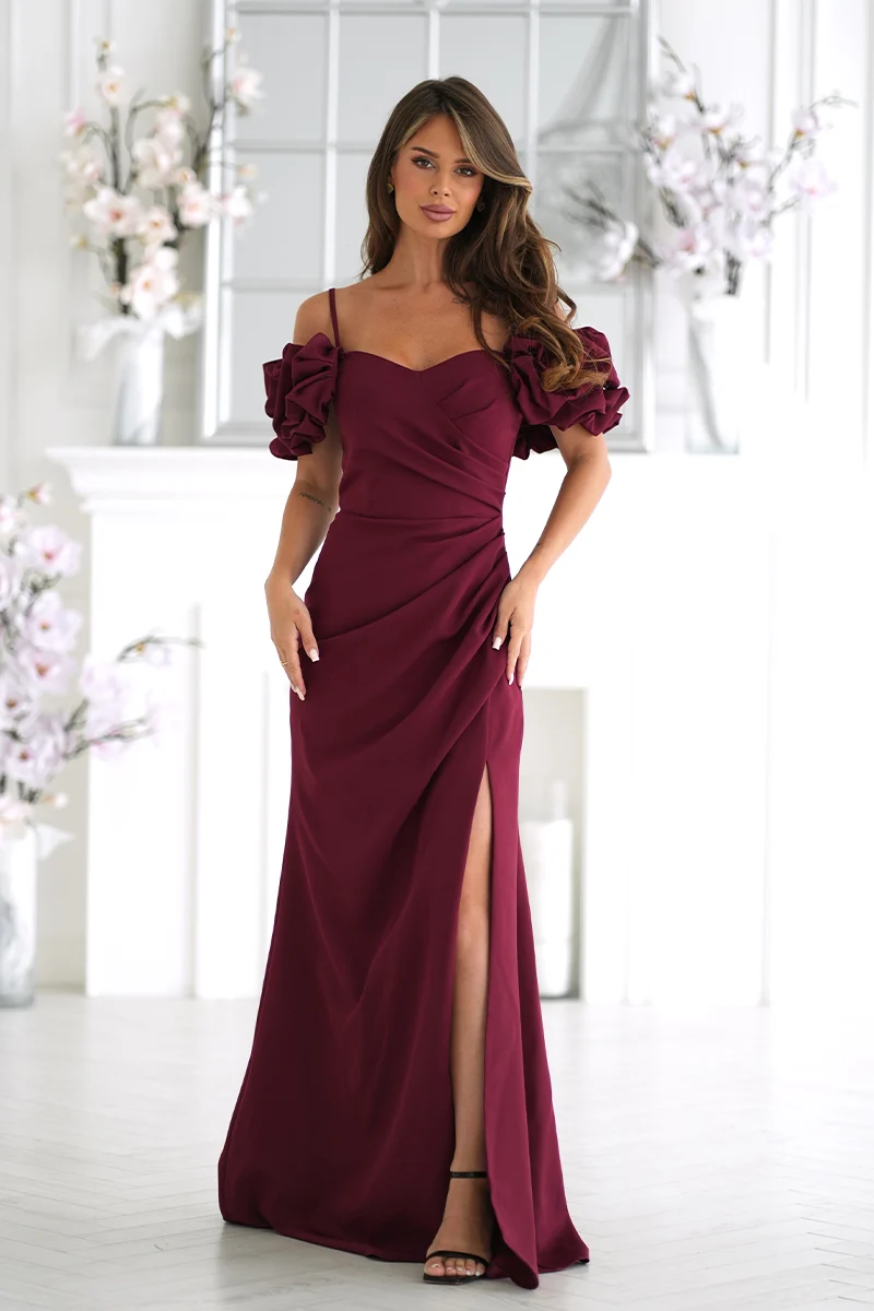 Rochie Dama Maxi, Floral, Bicotone, Bordo - Image 6