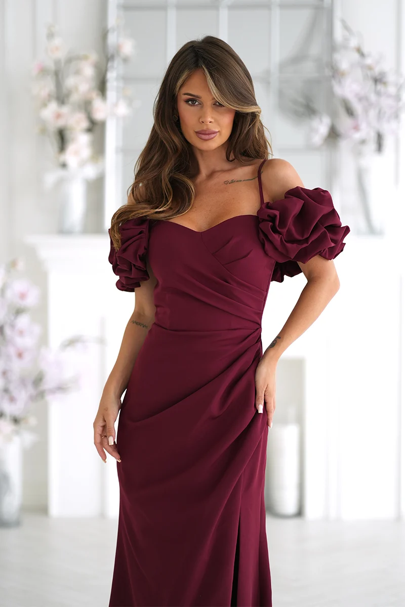 Rochie Dama Maxi, Floral, Bicotone, Bordo - Image 4