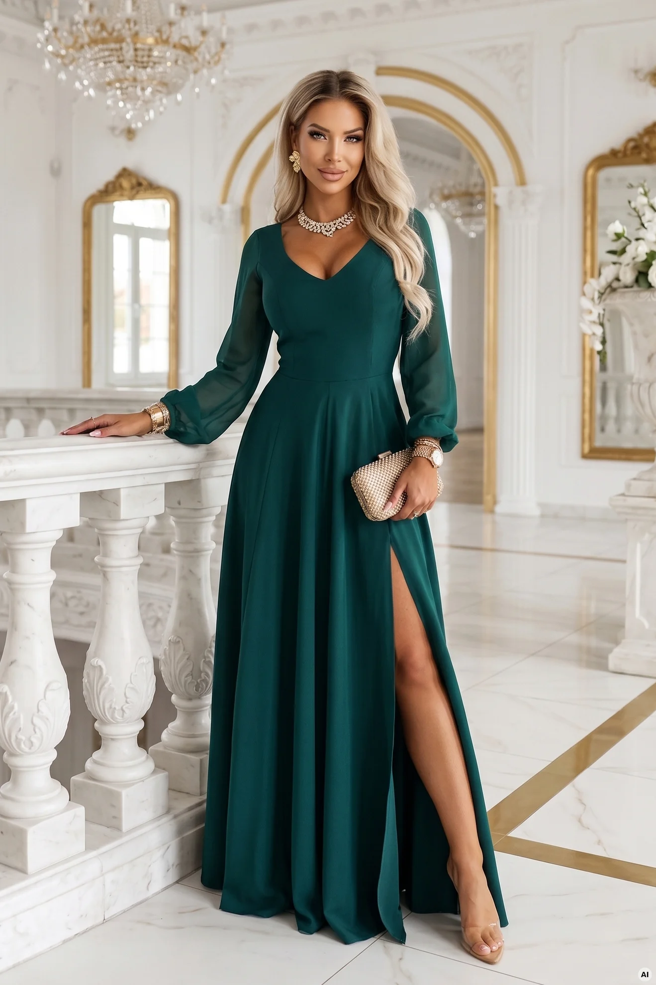 Rochie Dama Maxi, Satin, Numoco, Verde de Seara Marimi Mari - Image 4
