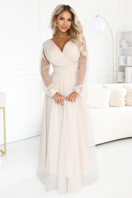 Rochie Dama Maxi, Floral, Numoco, Bej de Seara