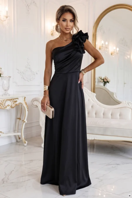 Rochie Dama Maxi, Satin, Numoco, Negru de Seara