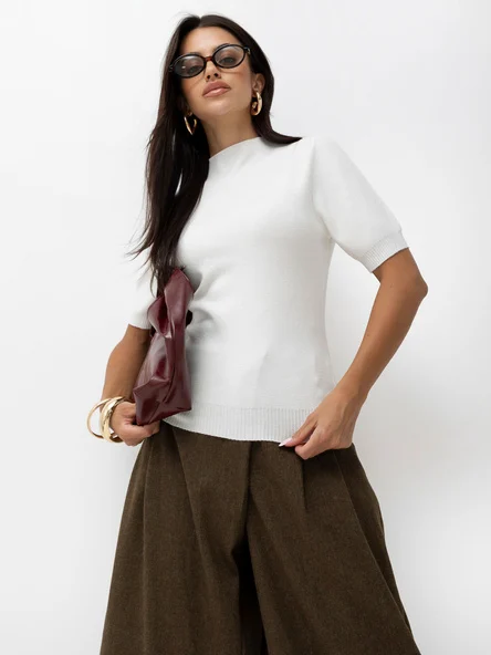Pulover Dama Mini, Guler inalt, Ecru Eleganta Office