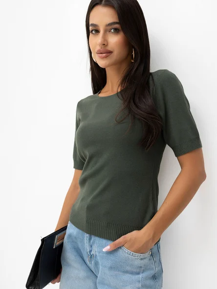 Pulover Dama Mini, Decolteu rotund, Khaki Eleganta Office