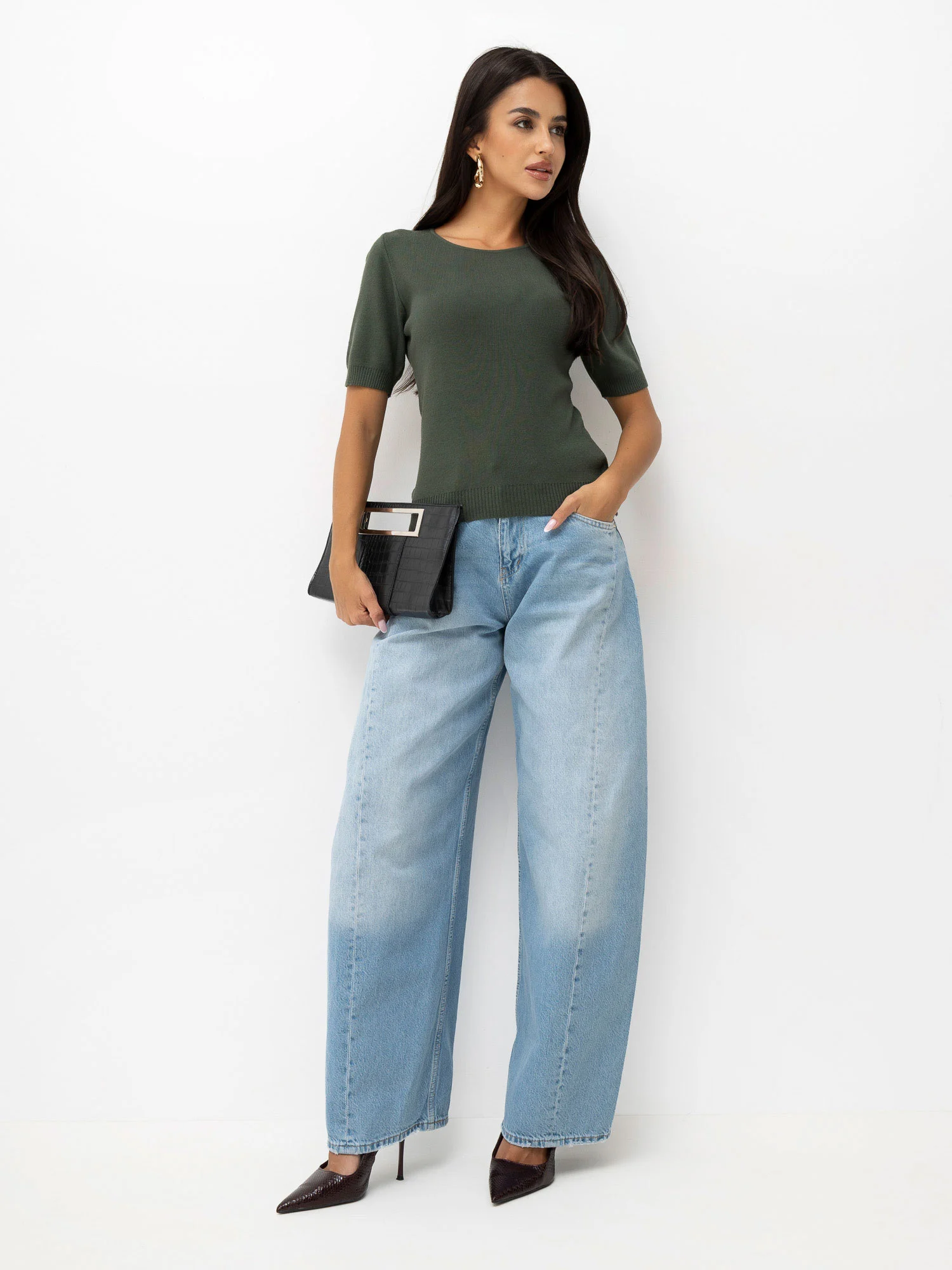Pulover Dama Mini, Decolteu rotund, Khaki Eleganta Office - Image 2