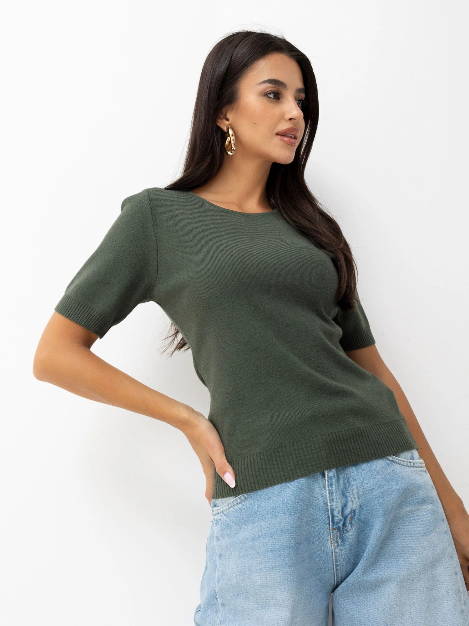 Pulover Dama Mini, Decolteu rotund, Khaki Eleganta Office - Image 3