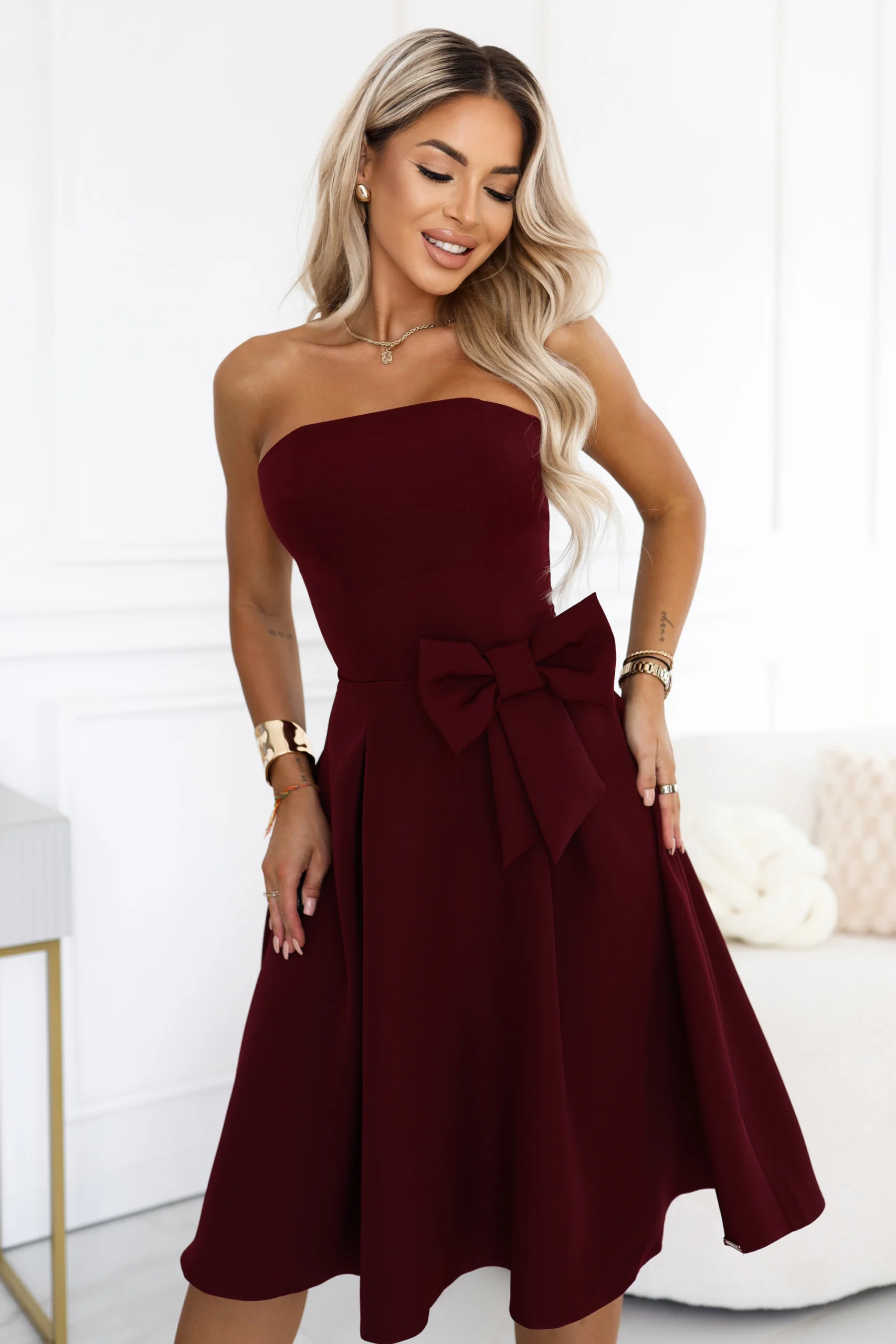 Rochie Dama Midi, Geometric, Numoco, Bordo Eleganta - Image 6