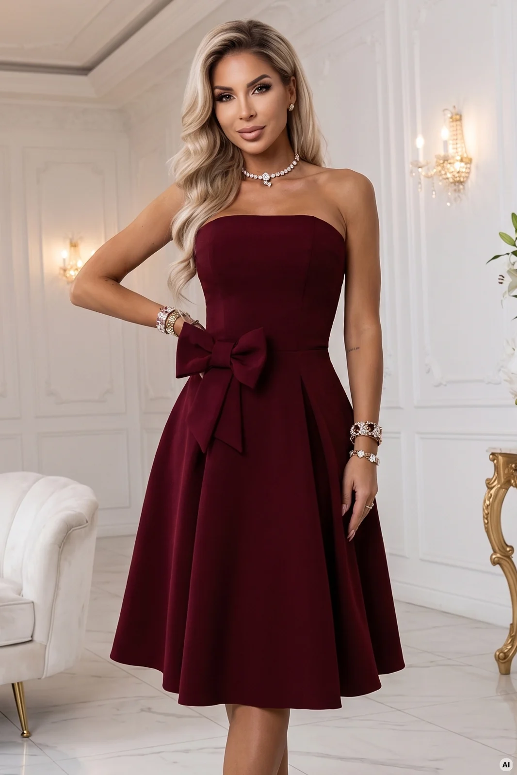 Rochie Dama Midi, Geometric, Numoco, Bordo Eleganta - Image 4
